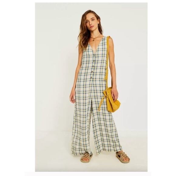 Urban Outfitters Jumpsuit Womens XS Yellow Blue Plaid Button Wide Leg Overalls - Picture 1 of 16
